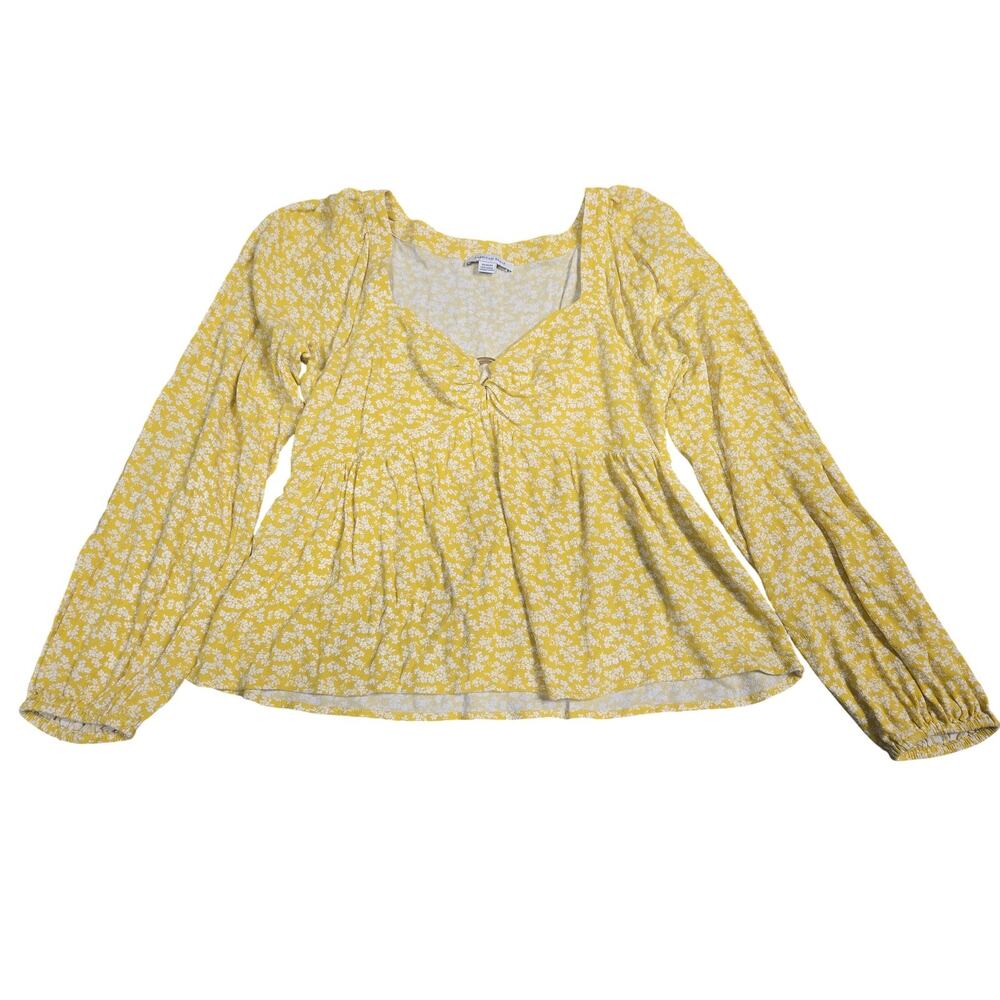 American Eagle Shirt Womens Medium Yellow Floral Long Sleeve Blouse Ruched Top